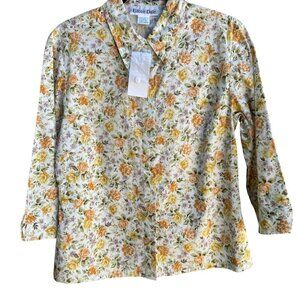 Eileen Dale Vintage New Floral Print 3/4 Sleeve Roll Cuff Stretch Shirt Blouse 1